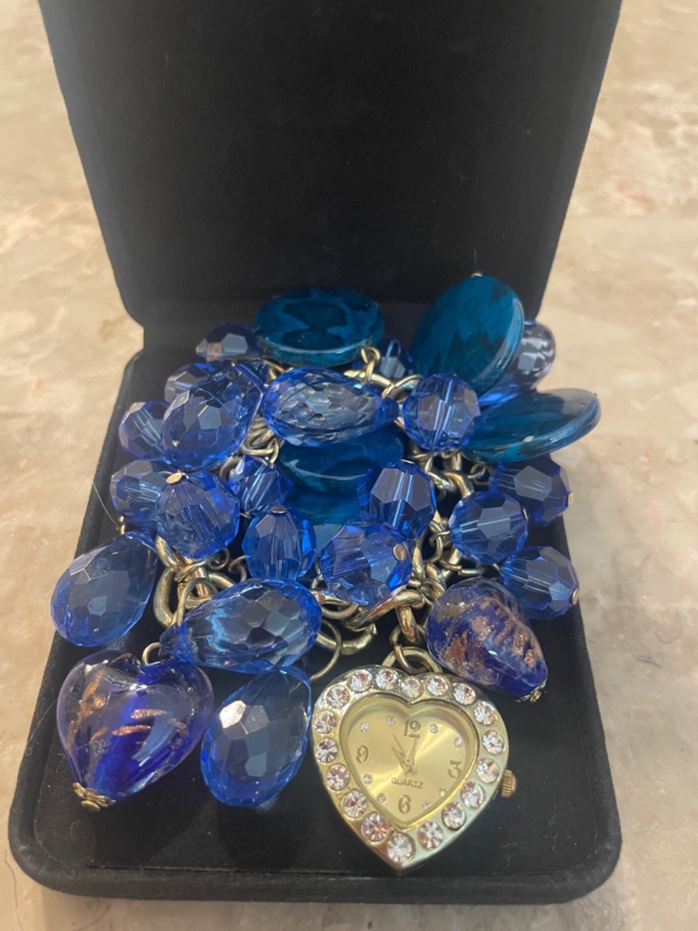 Vintage Blue Bracelet Watch - Heart Pendant and 2 Murano glass hearts!